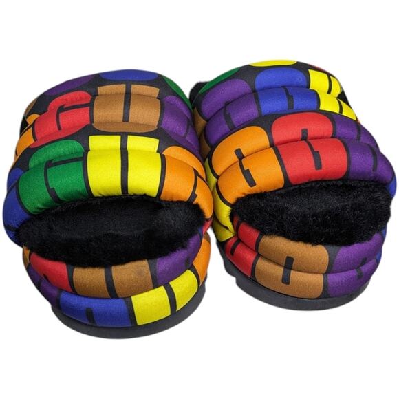 UGG Pride Maxi Rainbox Puff Slide Platform Sandals Womens 7 Multicolor Faux Fur - Picture 8 of 11